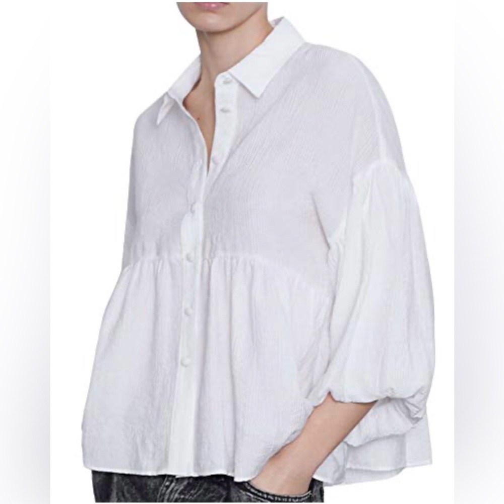 Zara Off-White Textured Button-Down Blouse Size S Puff Sleeve
